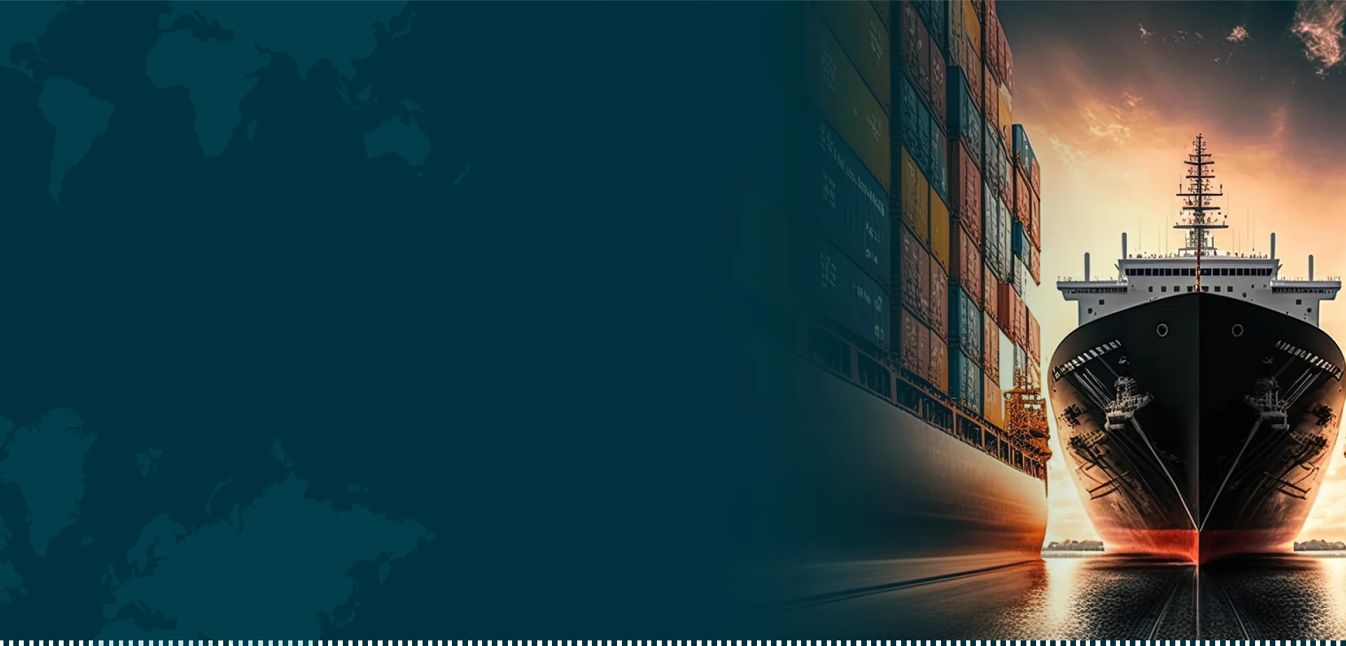 h3-1 Duży statek towarowy załadowany kolorowymi kontenerami płynie o zachodzie słońca, z konturem mapy w kolorze ciemnoniebieskim po lewej stronie obrazu.