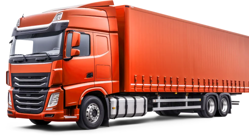 h3-2 Duża, nowoczesna czerwona półciężarówka z długą naczepą, wyizolowana na białym tle. Ciężarówka jest skierowana lekko w lewo, pokazując kabinę i profil boczny.