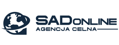 Logo SADonline Agencja Celna zawiera stylizowaną kulę ziemską po lewej stronie i nazwę firmy zapisaną pogrubionymi niebieskimi literami po prawej stronie, z poziomą linią pod tekstem.