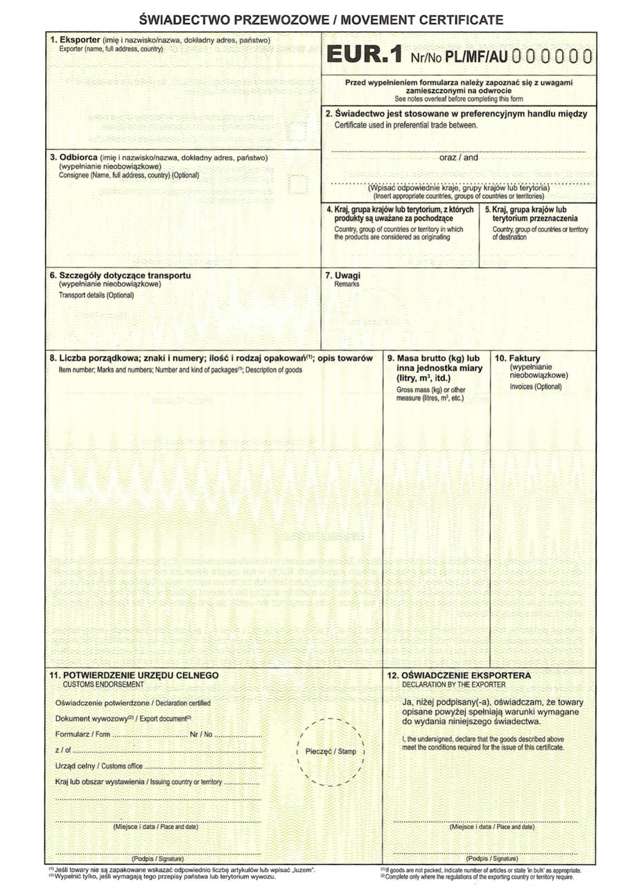 Pusty formularz świadectwa przewozowego eur.1 w języku polskim i angielskim, z wieloma ponumerowanymi sekcjami i polami na eksport, transport, szczegóły dotyczące towarów, cła, deklarację eksportera i pieczęcie urzędowe.