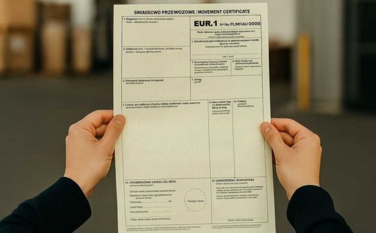 Osoba posiadająca pusty formularz świadectwa przewozowego EUR.1 oznaczony jako ŚWIADECTWO PRZEWOZOWE, zawierający sekcje i tekst w języku polskim i angielskim.