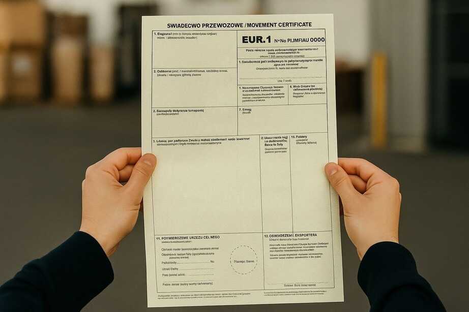 Osoba posiadająca pusty formularz świadectwa przewozowego EUR.1 oznaczony jako ŚWIADECTWO PRZEWOZOWE, zawierający sekcje i tekst w języku polskim i angielskim.