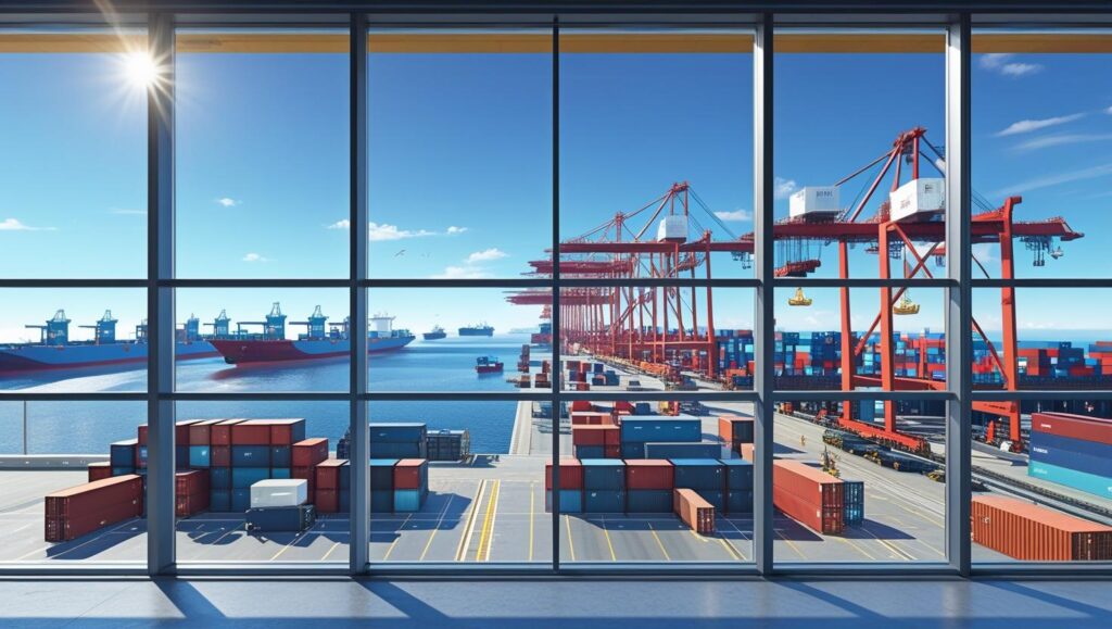 Widok przez duże okna na ruchliwy port żeglugowy z ułożonymi kontenerami towarowymi, czerwonymi dźwigami i kilkoma statkami towarowymi - pokazującymi proces odprawy celnej eksportowej - zacumowanymi i na morzu w słoneczny dzień z błękitnym niebem.