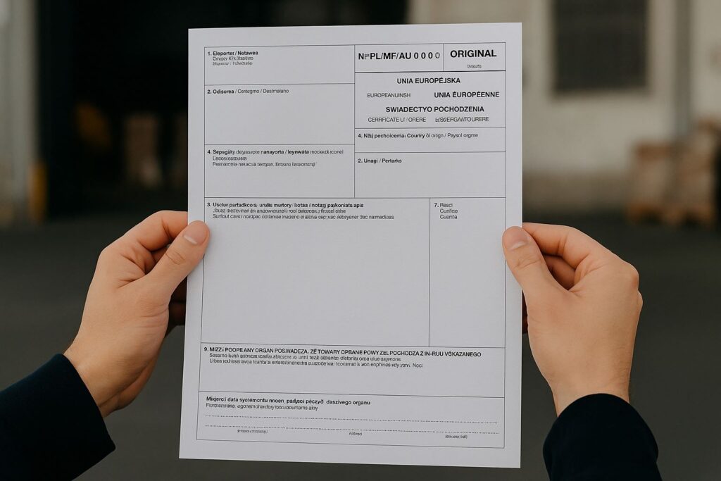 Osoba trzyma oficjalny dokument oznaczony jako ORYGINAŁ w prawym górnym rogu. Dokument, prawdopodobnie świadectwo COO, ma wiele sekcji i tekst drukowany w kilku językach, w tym w języku polskim. Tło wydaje się rozmyte.