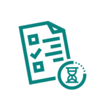 Ikona listy kontrolnej z polami wyboru i symbolem zegara lub klepsydry z przodu, reprezentująca zadanie określone w czasie lub zaplanowane - idealna do zilustrowania usług Agencji Celnej Kraków, które wymagają precyzyjnego planowania i terminowych ocen celnych.