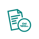 Tealowa ikona dokumentu z liniami, obok okręgu zawierającego tekst Od 189 zł, na jasnoszarym tle. Idealna dla usług Agencji Celnej Kraków.