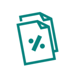 Dwa arkusze papieru w kolorze turkusowym, jeden za drugim, każdy z dużym symbolem procentowym (%) z przodu - idealne do zilustrowania usług celnych lub podatkowych Agencji Celnej Kraków.