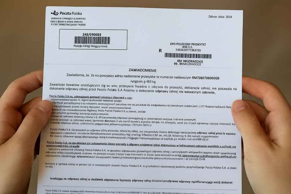 Osoba trzyma list od Poczty Polskiej z polskim tekstem o odprawie celnej paczek, zawierający kod kreskowy, dane adresowe i oświadczenie o powiadomieniu, widziany z góry na jednolitym tle.