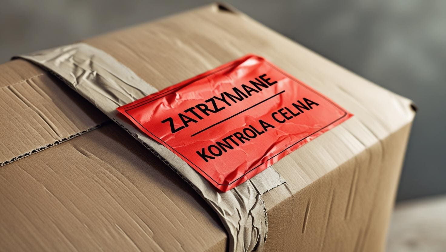 Kartonowe pudełko zaklejone taśmą ma czerwoną etykietę z napisem ZATRZYMANE KONTROLA CELNA, co wskazuje, że proces odprawy celnej paczek zatrzymał je do kontroli celnej.