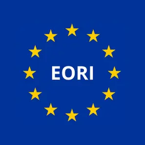 Niebieskie tło z dwunastoma żółtymi gwiazdami ułożonymi w okrąg, reprezentującymi flagę Unii Europejskiej, z białym napisem EORI pośrodku.