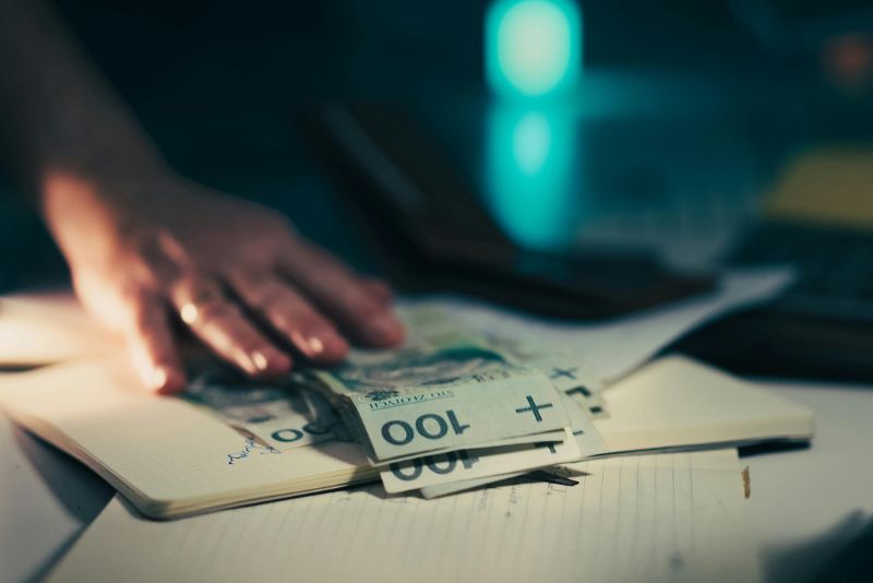 Osoba sięgająca po kilka stuzłotowych banknotów na otwartym zeszycie, z portfelem i papierami w tle - obraz, który sugeruje, że przedsiębiorca chce prawdopodobnie przeliczyć środki przed zapłaceniem za odprawę celną.