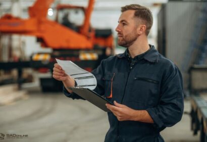 miejsce uznane Mężczyzna w ciemnym kombinezonie stoi w pomieszczeniu, trzymając dokumenty i notes z klipsem, i spogląda w bok. W tle widać sprzęt przemysłowy i niewyraźne maszyny, co sugeruje, że nadzoruje on miejsce uznane w magazynie.